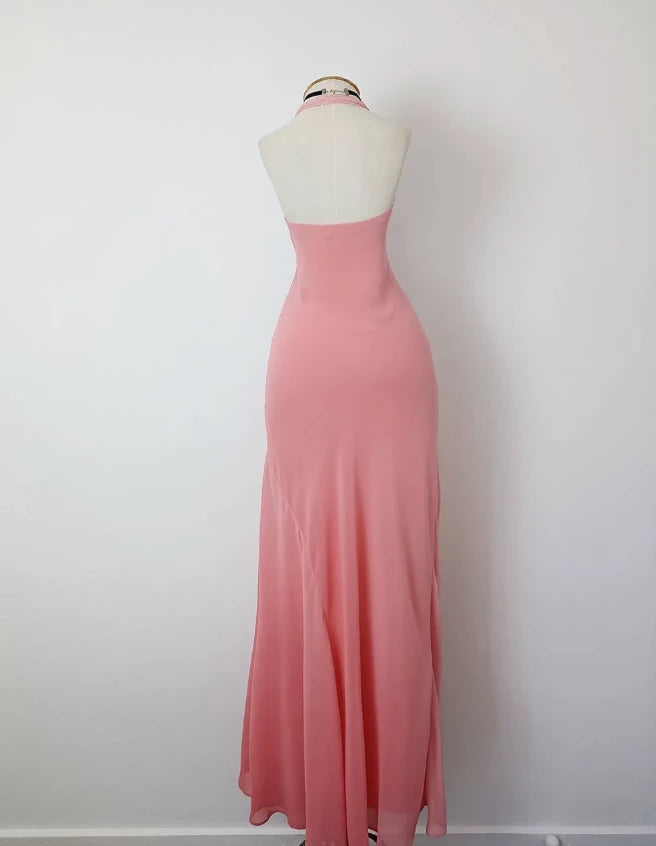 Retro A Line V Neck Pink Beaded Chiffon Sleeveless Off-the-shoulder Prom Dress Cocktail Dress Homecoming Dress Evening Dress Party Dress