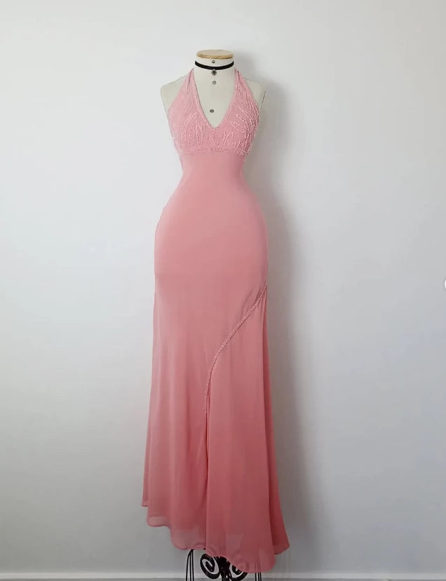 Retro A Line V Neck Pink Beaded Chiffon Sleeveless Off-the-shoulder Prom Dress Cocktail Dress Homecoming Dress Evening Dress Party Dress