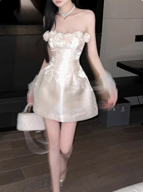 Retro Beige Sequin 3D Floral Strapless Design A-line Prom Dress Party Dress Cocktail Dress Homecoming Dress Evening Dress