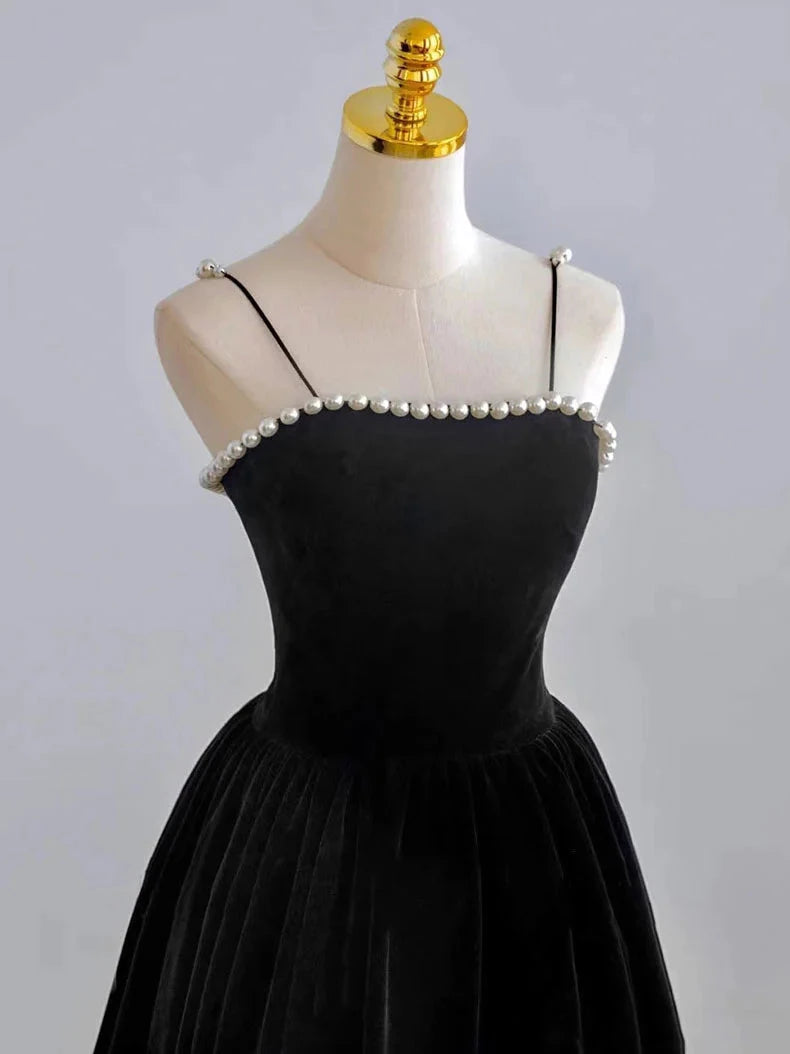 Retro Black Beaded Spaghetti Strap Design A-line Velvet Prom Dress Party Dress Cocktail Dress Homecoming Dress Evening Dress