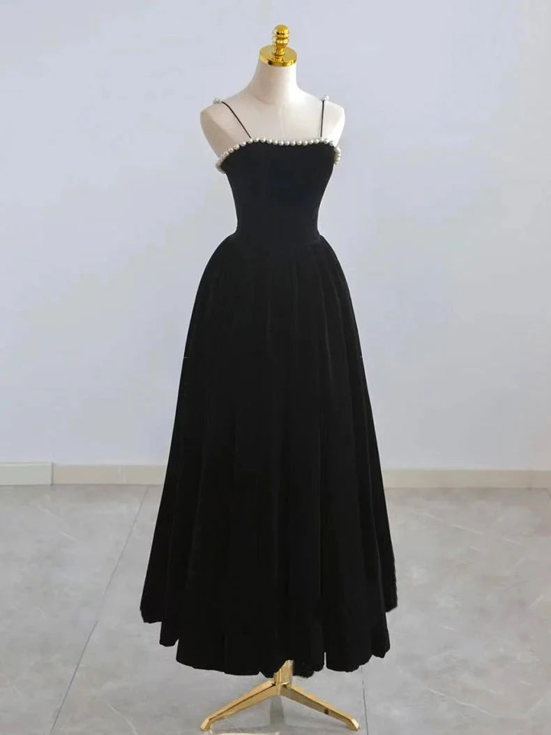 Retro Black Beaded Spaghetti Strap Design A-line Velvet Prom Dress Party Dress Cocktail Dress Homecoming Dress Evening Dress