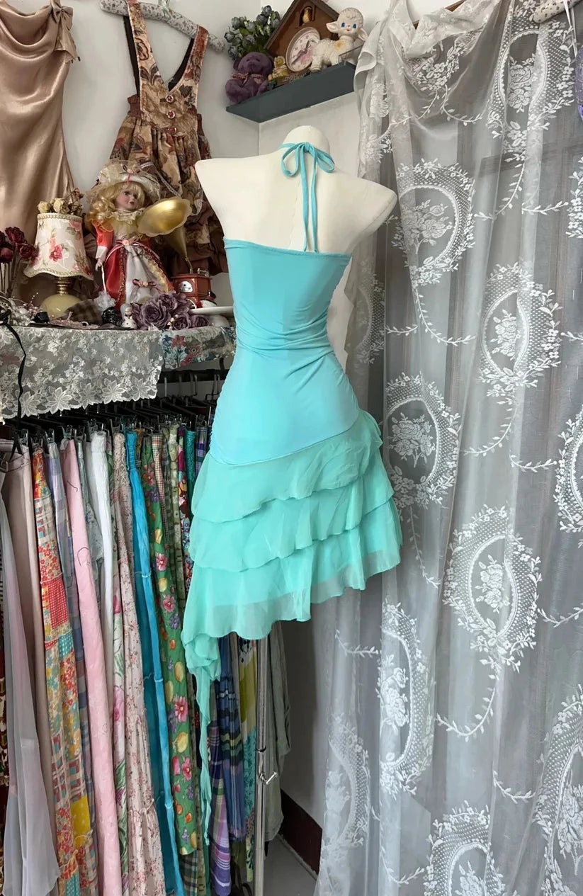 Retro Blue Sweetheart Ruffle Design A-line Chiffon Prom Dress Party Dress Cocktail Dress Homecoming Dress Evening Dress