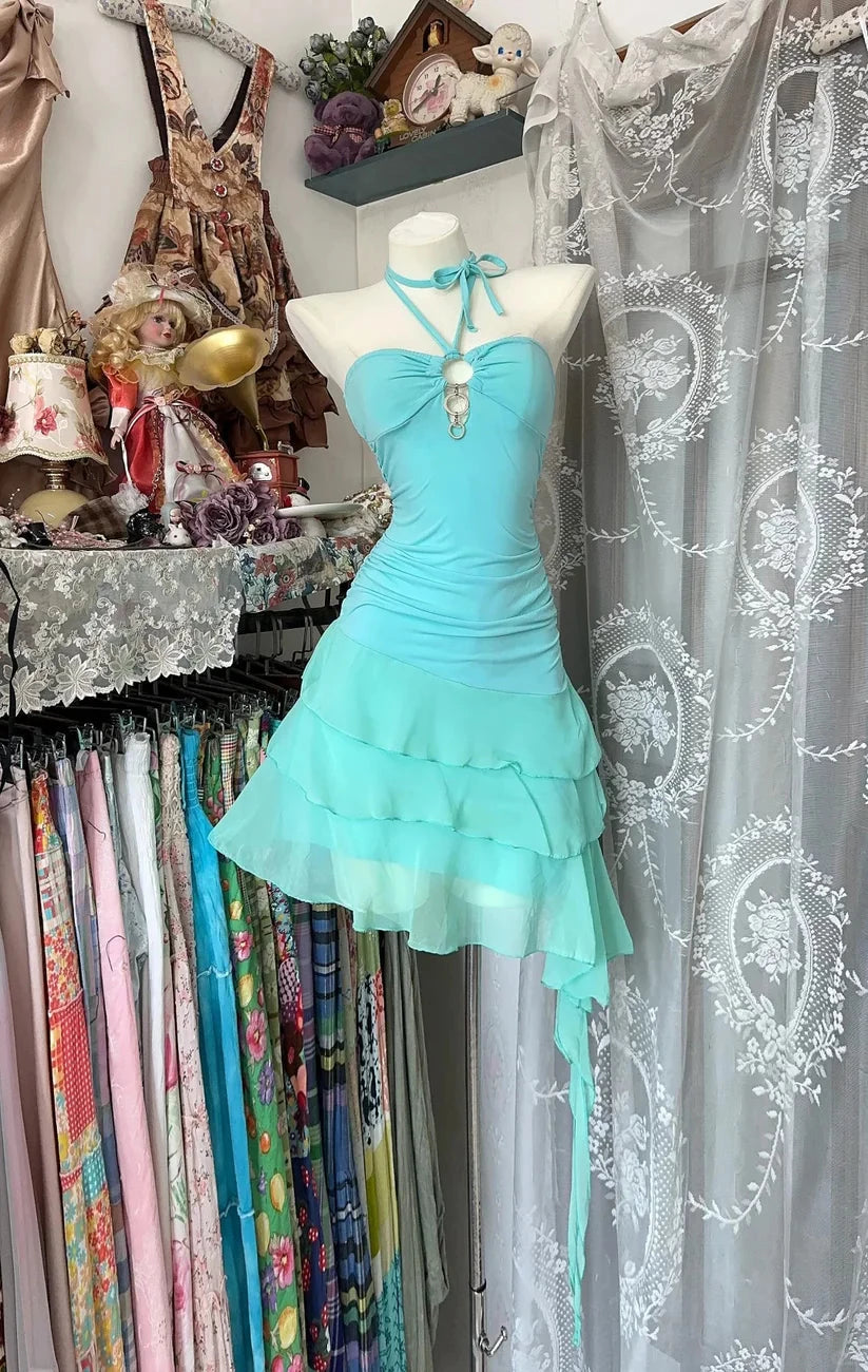 Retro Blue Sweetheart Ruffle Design A-line Chiffon Prom Dress Party Dress Cocktail Dress Homecoming Dress Evening Dress