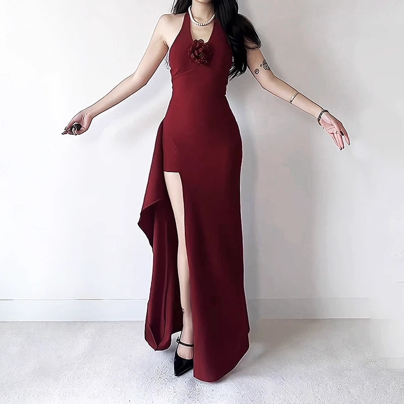 Retro Burgundy Halter-neck 3D Flower Sheath High Slit Long Summer Dresses Prom Dress Party Dress Cocktail Dress Homecoming Dress Evening Dress