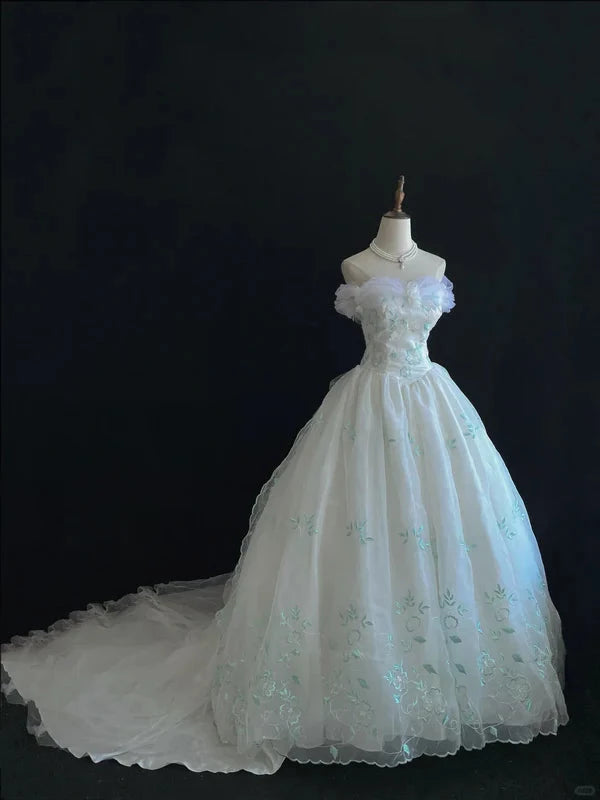 Retro Embroidery Off-the-shoulder Chiffon Tulle Sweet 16 Quinceanera A-Line Ball Gown Evening Dress Wedding Dresses