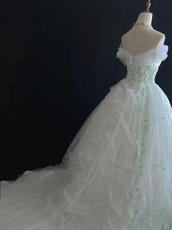 Retro Embroidery Off-the-shoulder Chiffon Tulle Sweet 16 Quinceanera A-Line Ball Gown Evening Dress Wedding Dresses