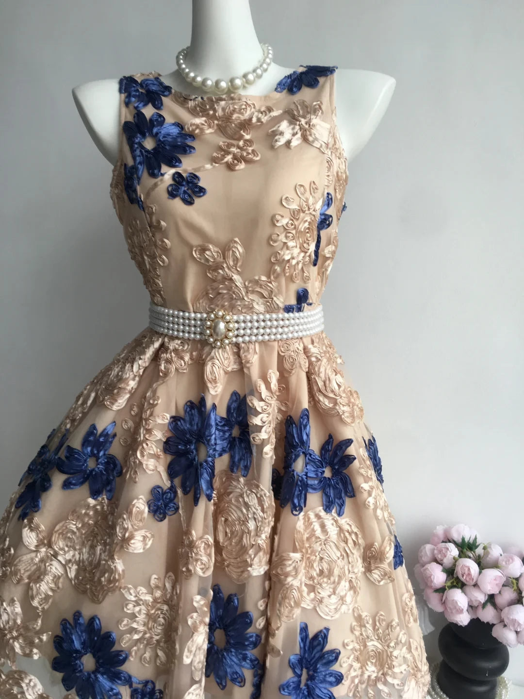 Retro Floral Applique Pearl Belt Design A-line Elegant Prom Dress Party Dress Cocktail Dress Homecoming Dress Evening Dress