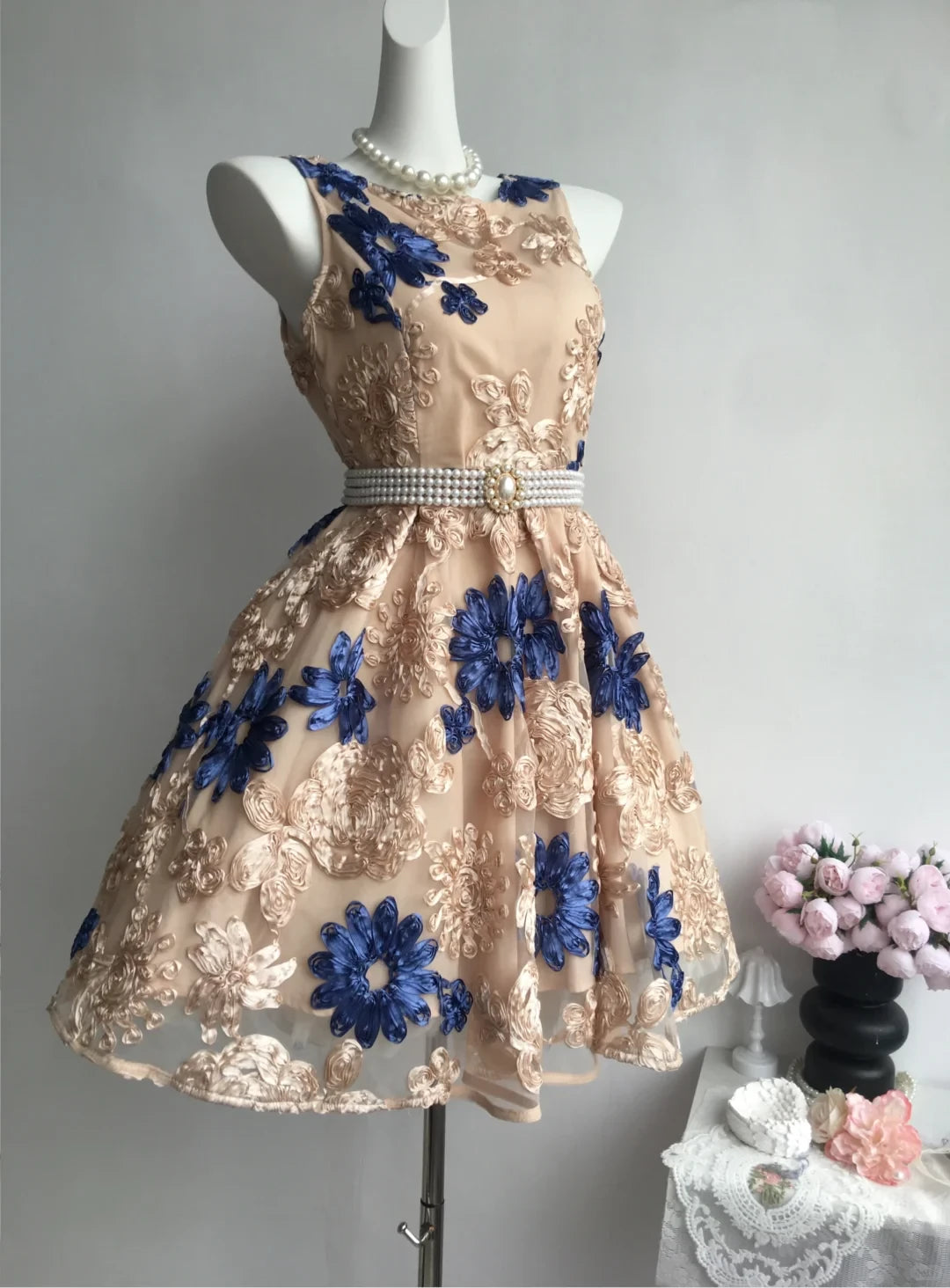 Retro Floral Applique Pearl Belt Design A-line Elegant Prom Dress Party Dress Cocktail Dress Homecoming Dress Evening Dress