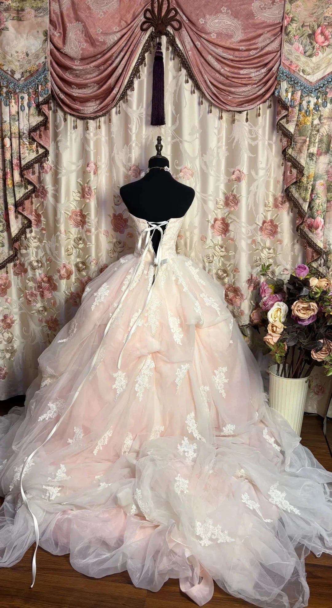 Retro Light Pink Sweetheart Applique Strapless Tulle Sweet 16 Quinceanera A-Line Ball Gown Prom Dress Party Dress Cocktail Dress Homecoming Dress Evening Dress