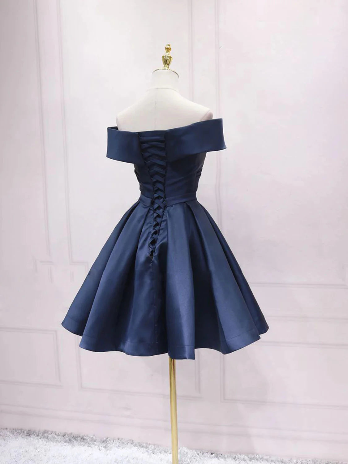 Retro Navy Blue Off-the-shoulder Design A-line Satin Prom Dress Party Dress Cocktail Dress Homecoming Dress Evening Dress