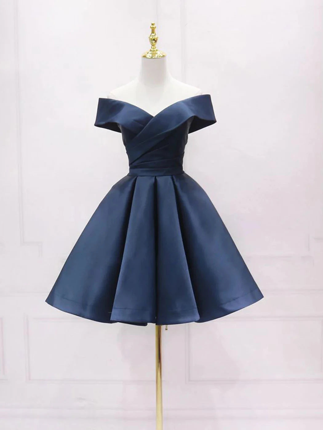Retro Navy Blue Off-the-shoulder Design A-line Satin Prom Dress Party Dress Cocktail Dress Homecoming Dress Evening Dress
