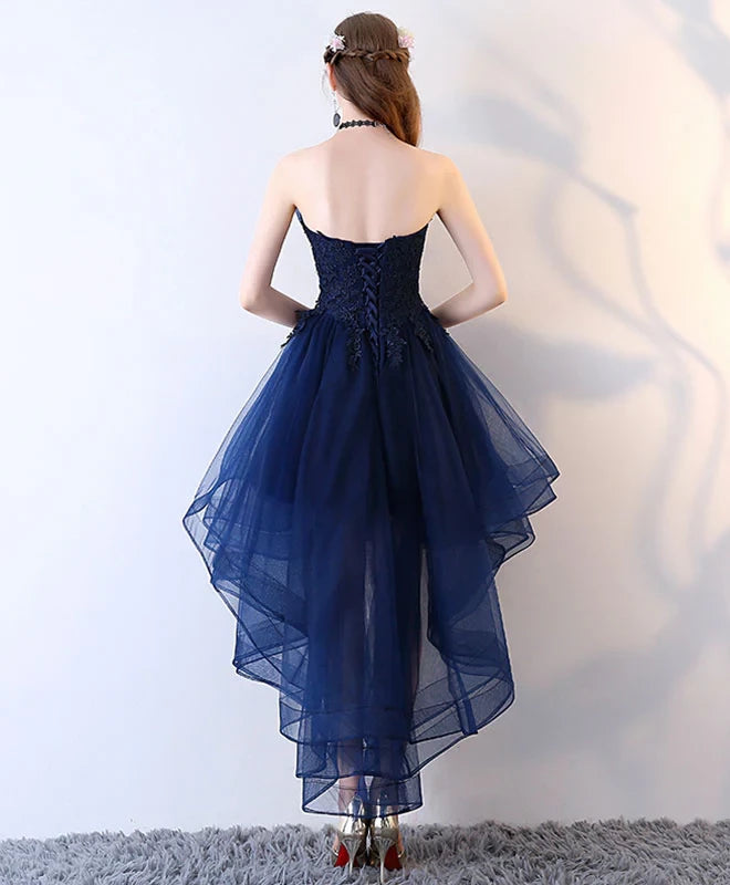 Retro Navy Blue Strapless Ruffled Hem Design A-line Tulle Prom Dress Party Dress Cocktail Dress Homecoming Dress Evening Dress