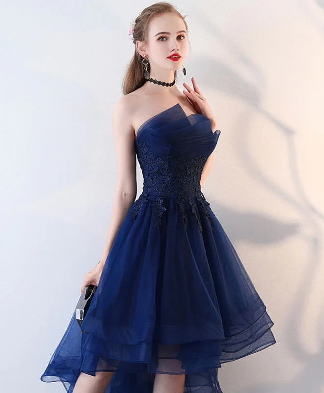 Retro Navy Blue Strapless Ruffled Hem Design A-line Tulle Prom Dress Party Dress Cocktail Dress Homecoming Dress Evening Dress