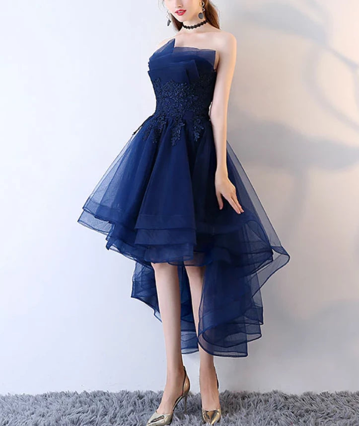 Retro Navy Blue Strapless Ruffled Hem Design A-line Tulle Prom Dress Party Dress Cocktail Dress Homecoming Dress Evening Dress