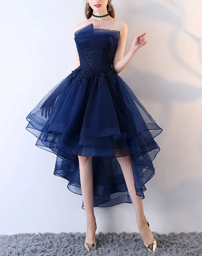 Retro Navy Blue Strapless Ruffled Hem Design A-line Tulle Prom Dress Party Dress Cocktail Dress Homecoming Dress Evening Dress