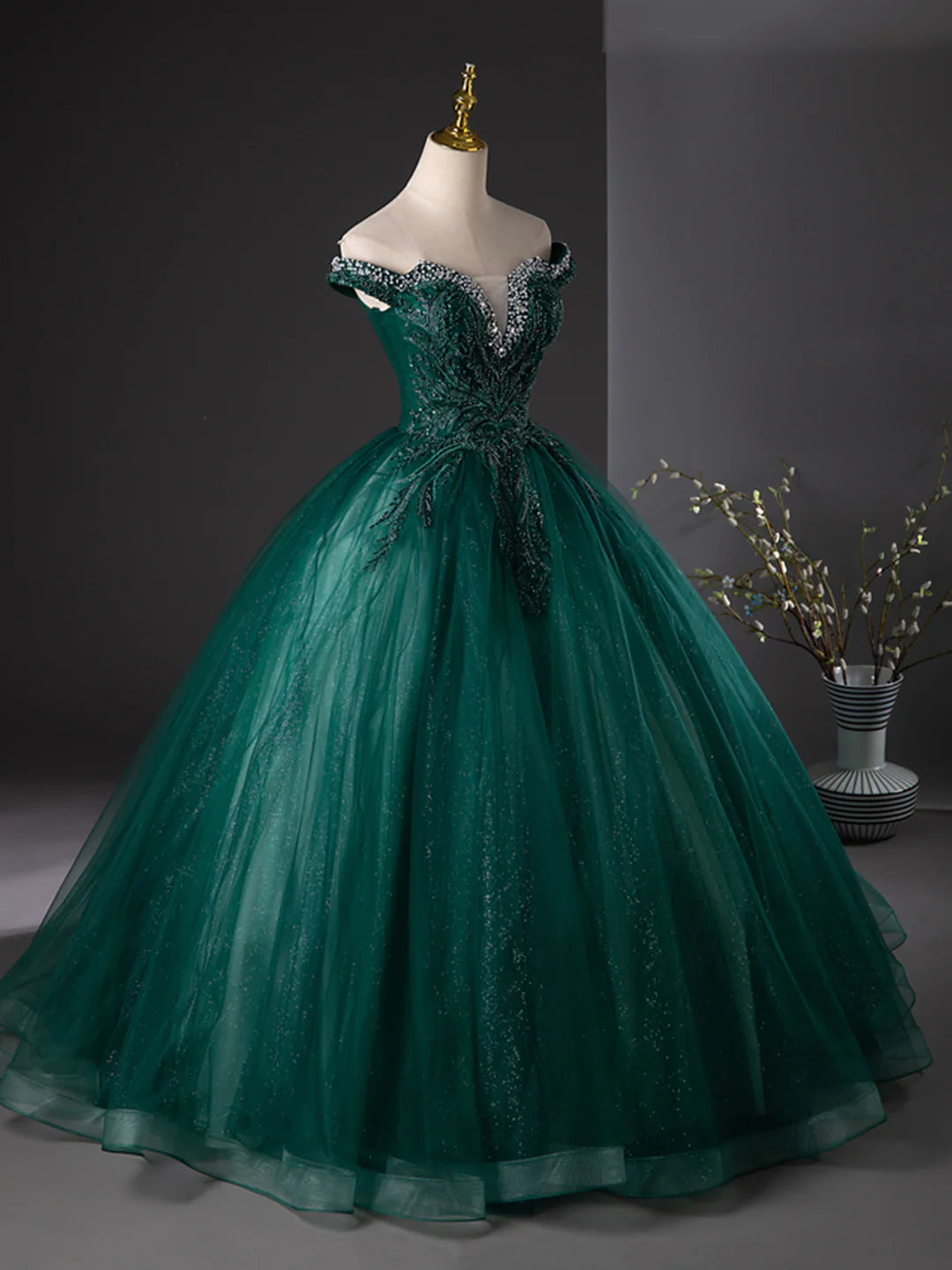 Retro Off the Shoulder Dark Green Tulle Sequins Long Formal Dress Evening Party Dress