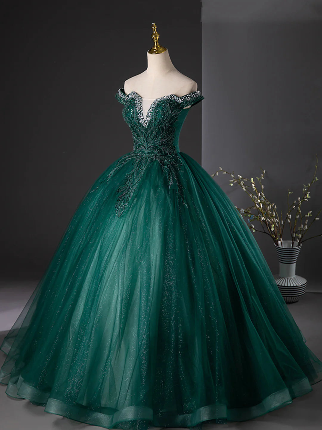 Retro Off the Shoulder Dark Green Tulle Sequins Long Formal Dress Evening Party Dress