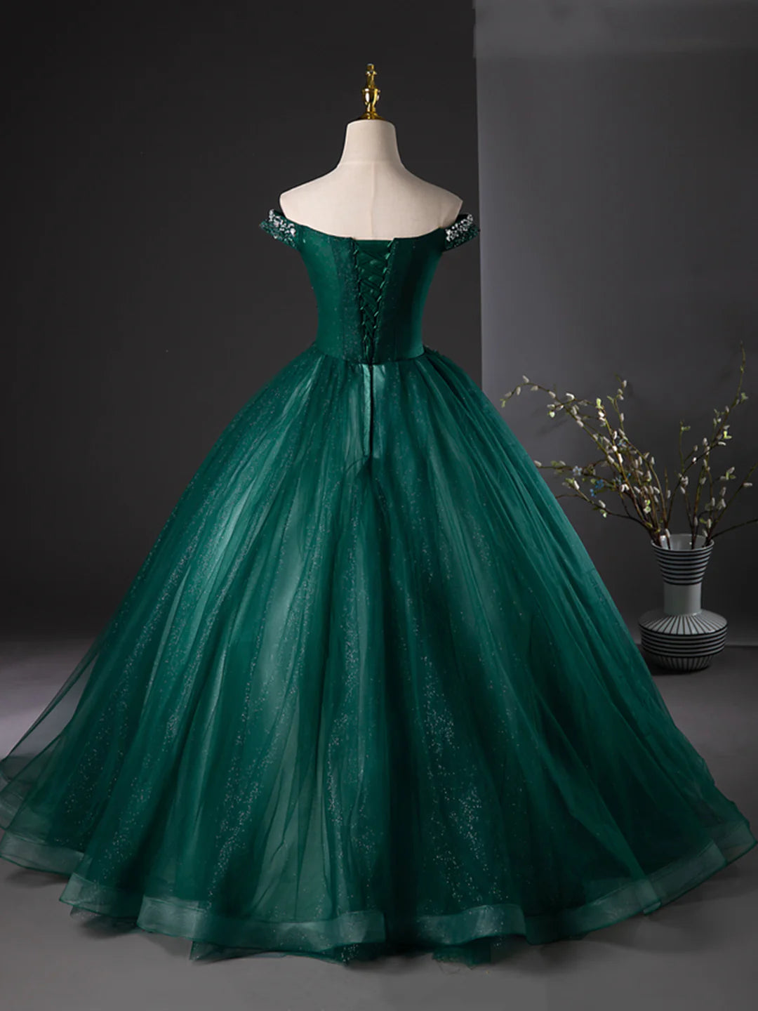 Retro Off the Shoulder Dark Green Tulle Sequins Long Formal Dress Evening Party Dress