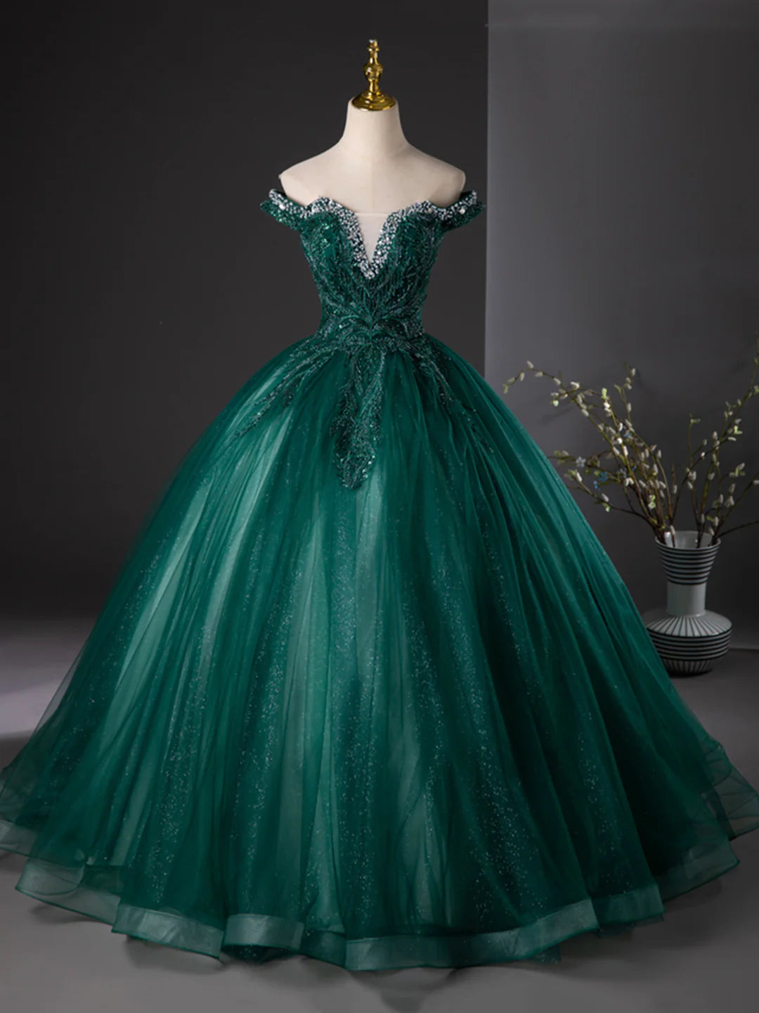 Retro Off the Shoulder Dark Green Tulle Sequins Long Formal Dress Evening Party Dress