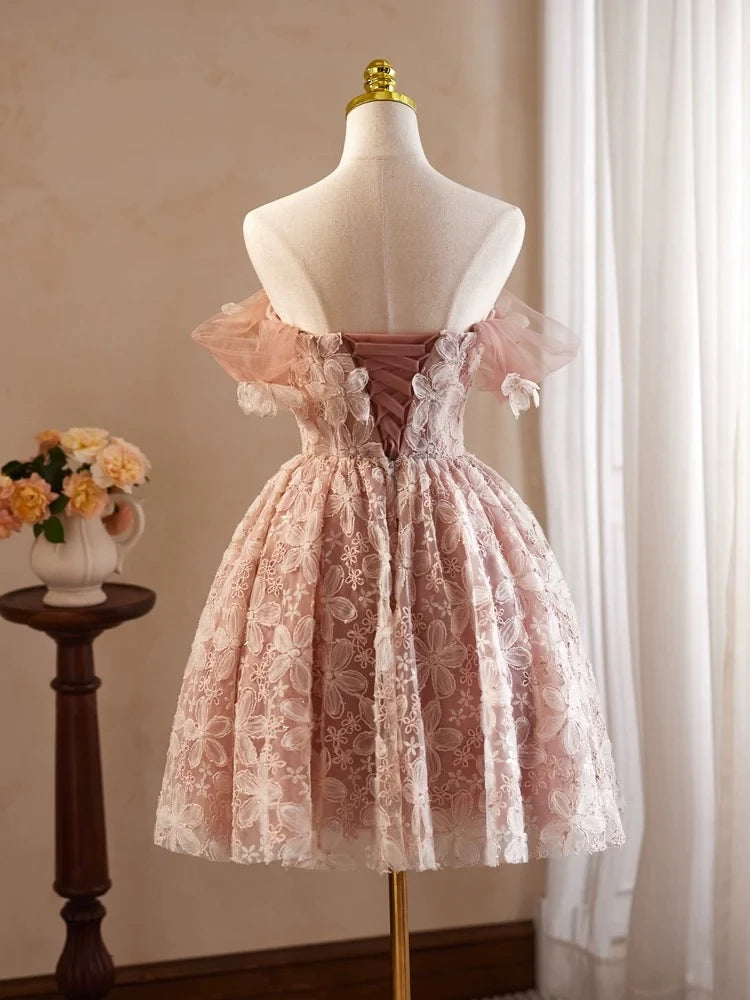 Retro Pink Applique Off-the-shoulder Design A-line Tulle Prom Dress Party Dress Cocktail Dress Homecoming Dress Evening Dress