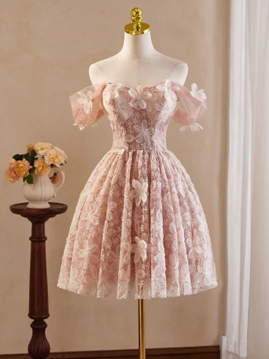Retro Pink Applique Off-the-shoulder Design A-line Tulle Prom Dress Party Dress Cocktail Dress Homecoming Dress Evening Dress