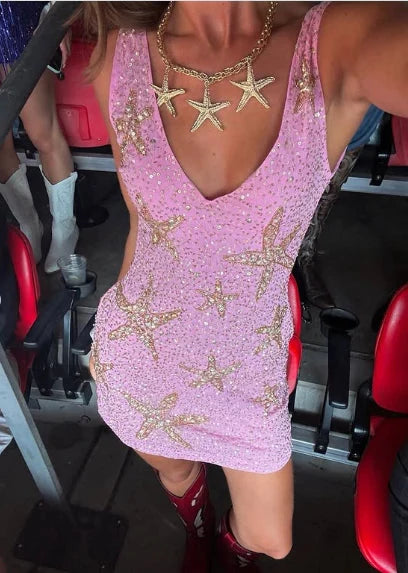 Retro Pink Sparkling Sequin V-neck Bodycon Prom Dress Party Dress Cocktail Dress Homecoming Dress Evening Dress
