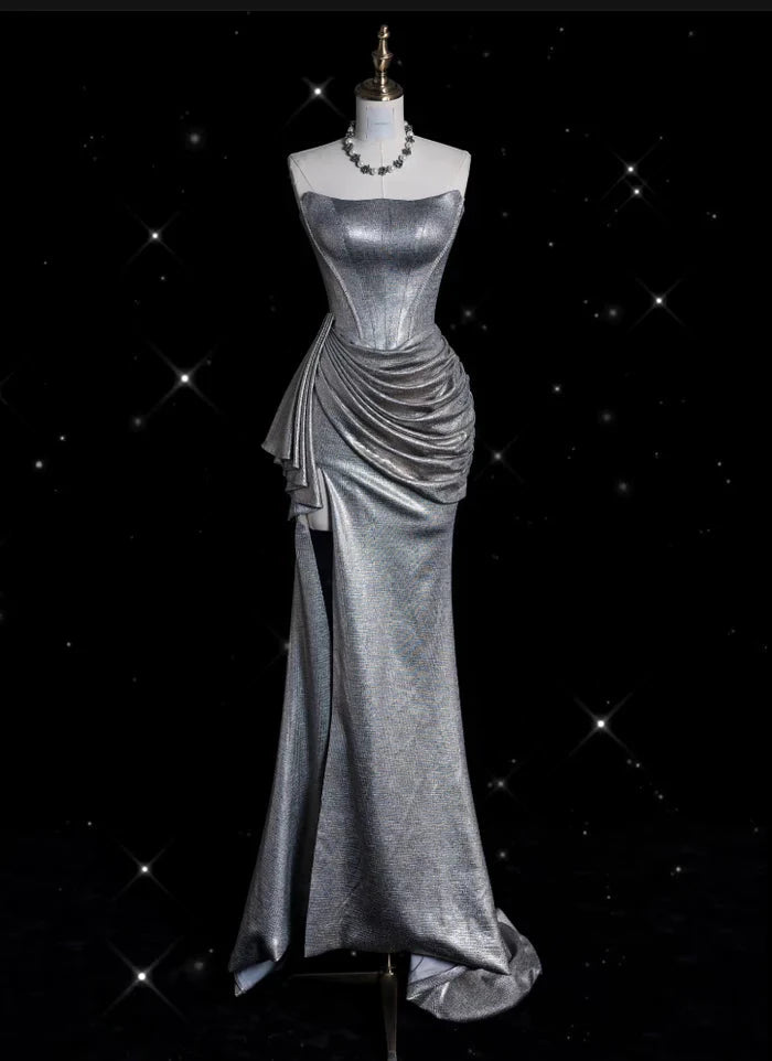 Retro Silvery Strapless Mermaid High Slit Prom Dress Party Dress Cocktail Dress Homecoming Dress Evening Dress