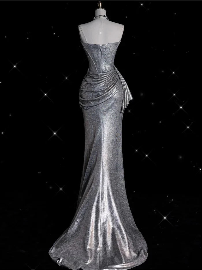 Retro Silvery Strapless Mermaid High Slit Prom Dress Party Dress Cocktail Dress Homecoming Dress Evening Dress