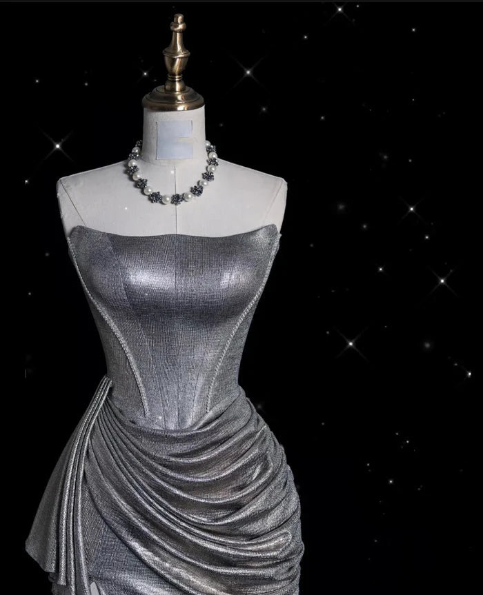 Retro Silvery Strapless Mermaid High Slit Prom Dress Party Dress Cocktail Dress Homecoming Dress Evening Dress