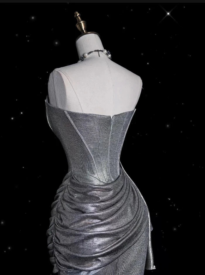Retro Silvery Strapless Mermaid High Slit Prom Dress Party Dress Cocktail Dress Homecoming Dress Evening Dress