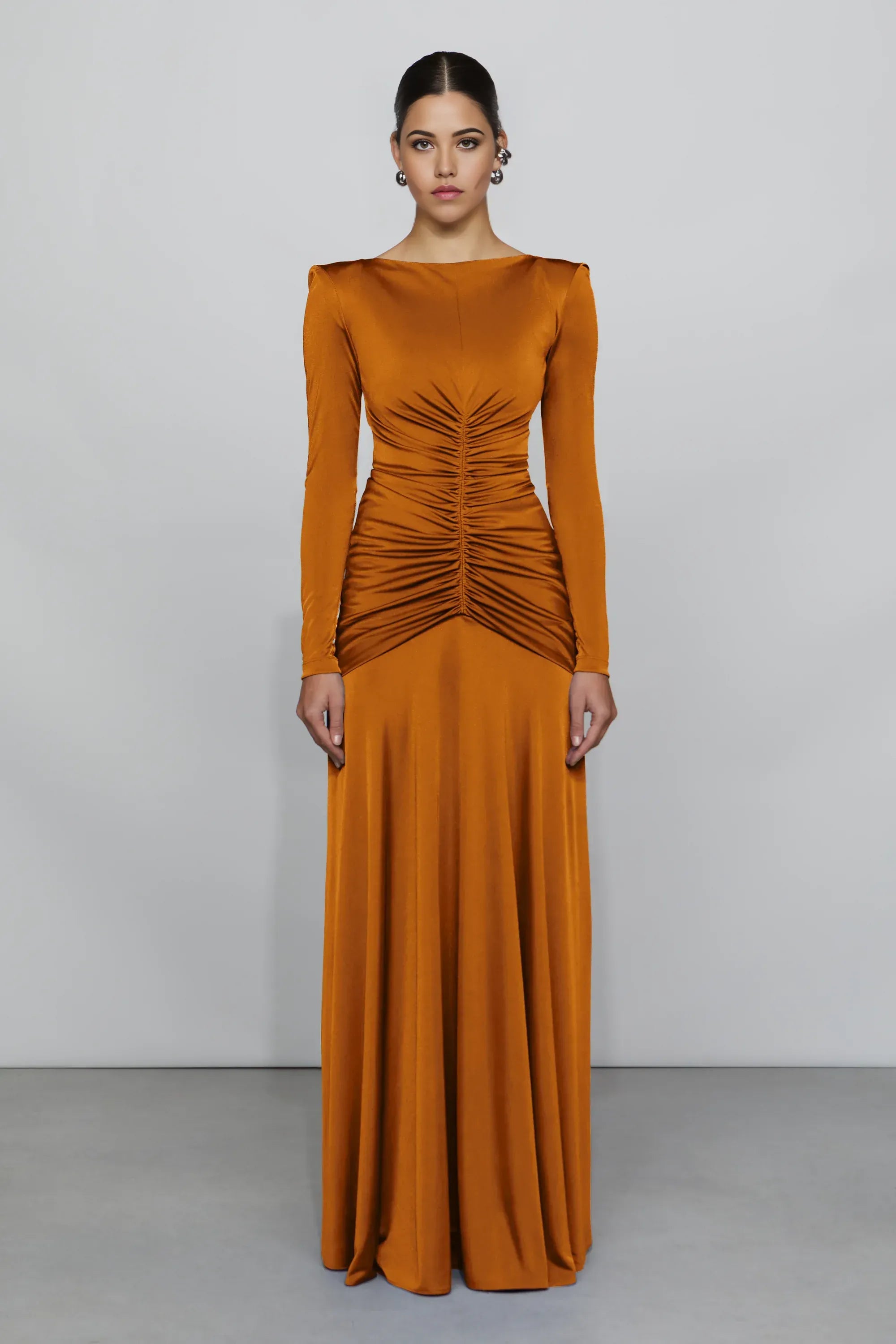 Rich Column Boat Neck Long Sleeve Ruched Back Floor Length Hot Sale Prom Dress