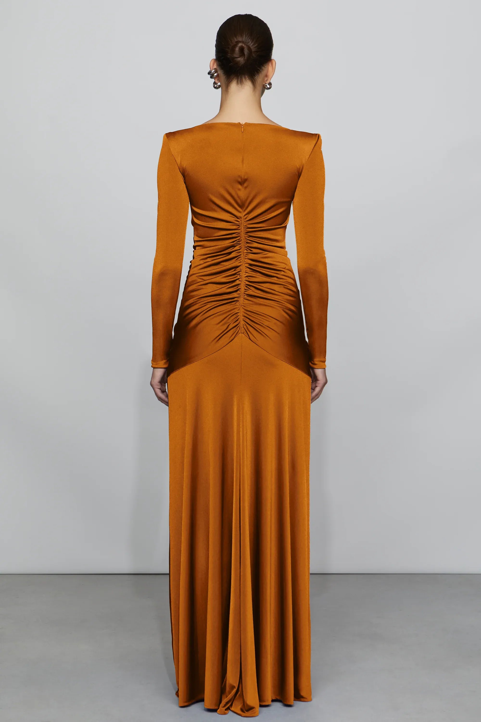 Rich Column Boat Neck Long Sleeve Ruched Back Floor Length Hot Sale Prom Dress