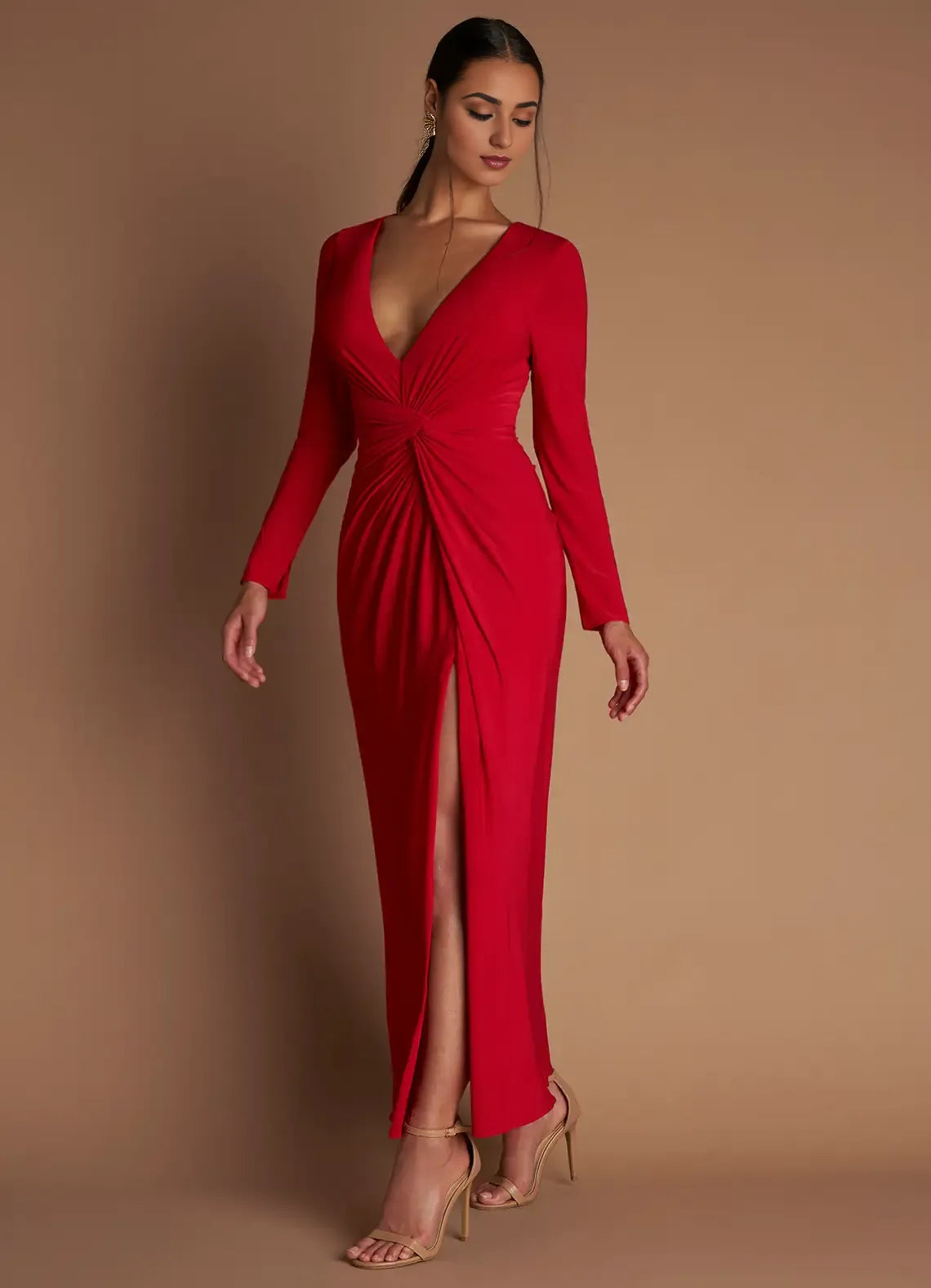 Rich Sheath Deep V Neck Long Sleeve Cut Out Back Floor Length Female Prom Dress