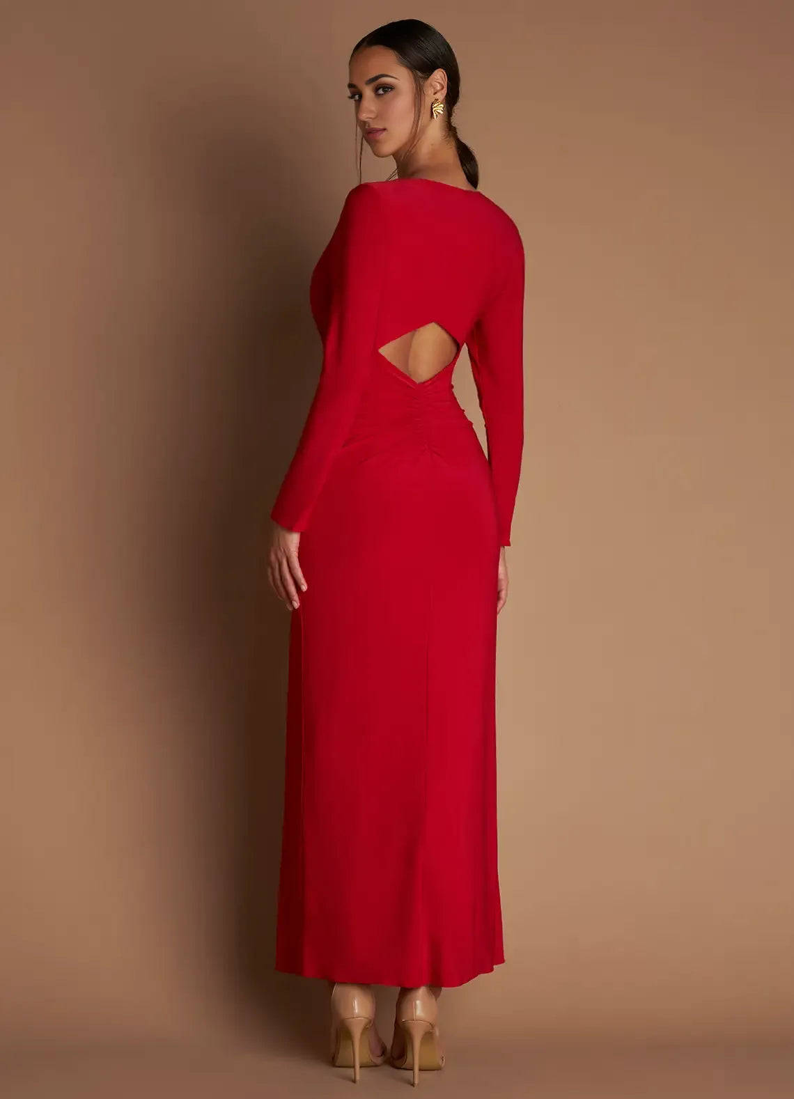 Rich Sheath Deep V Neck Long Sleeve Cut Out Back Floor Length Female Prom Dress