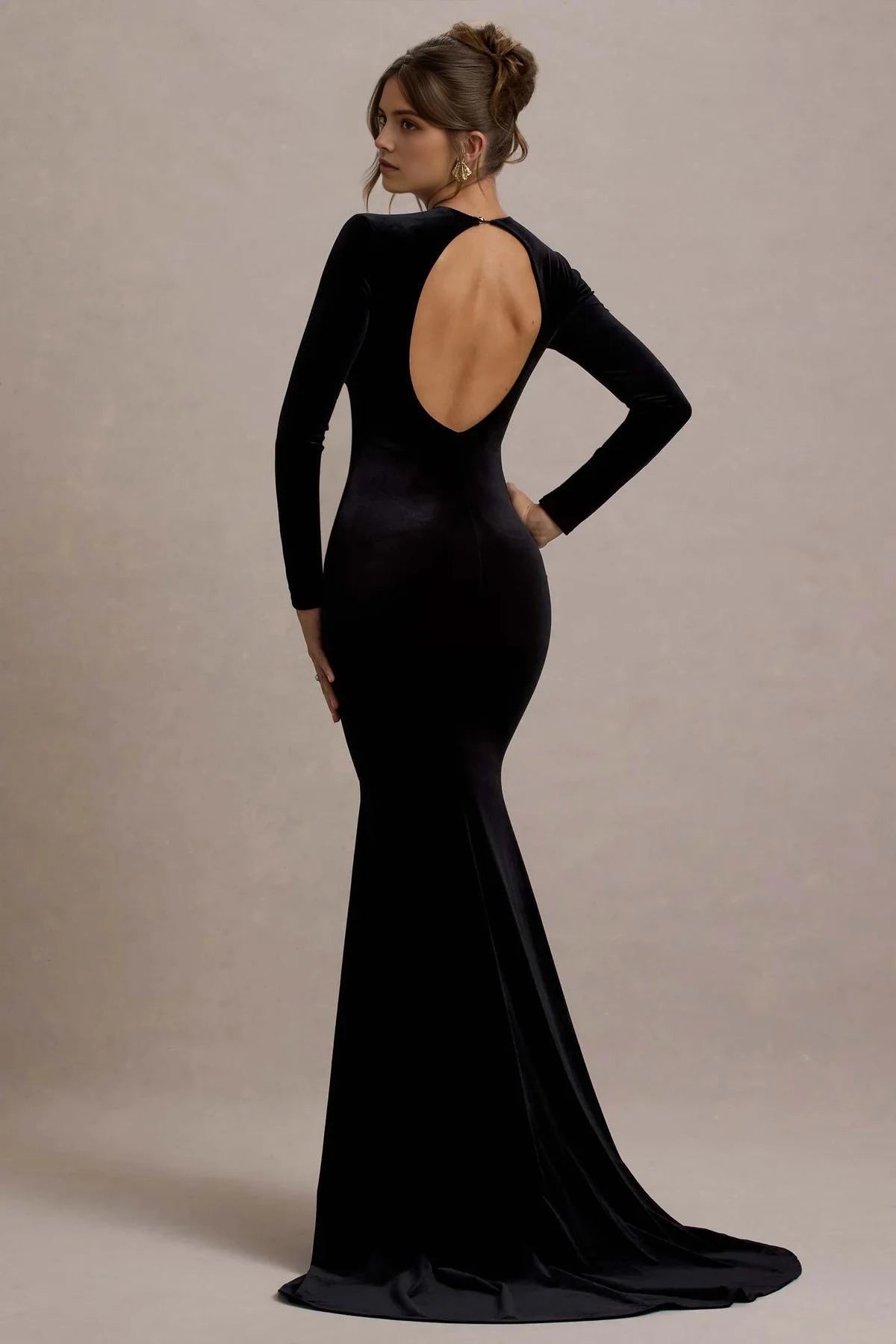 Riveting Mermaid Crew Neck Long Sleeve Open Back Train Floor Length Evening Dress