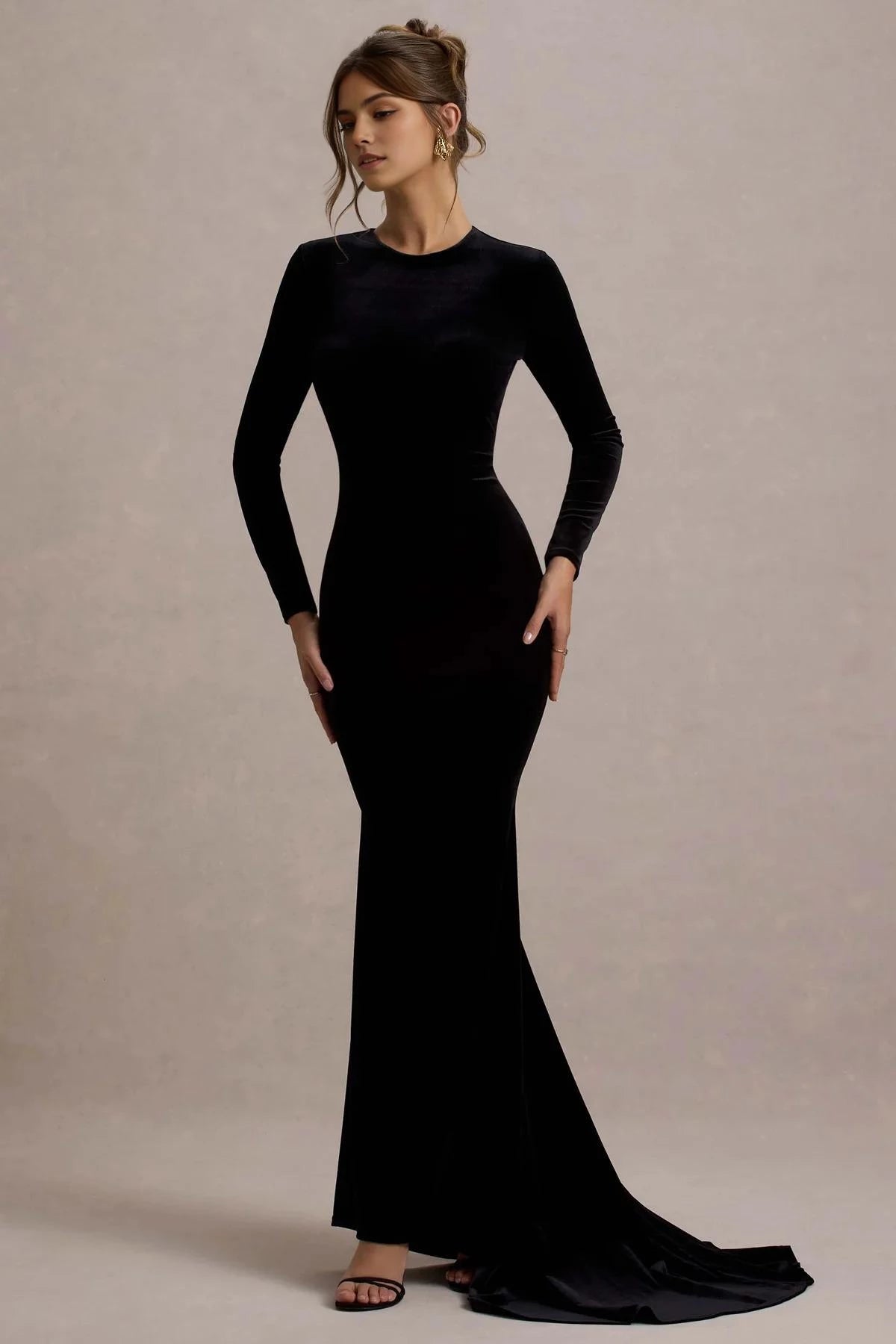 Riveting Mermaid Crew Neck Long Sleeve Open Back Train Floor Length Evening Dress