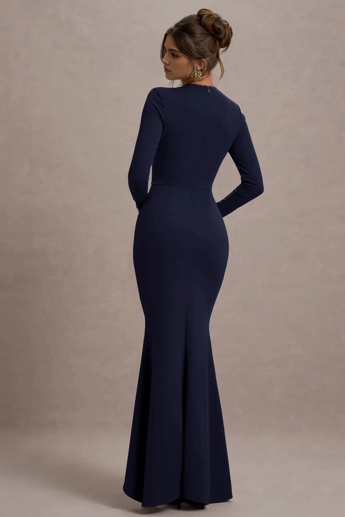 Riveting Mermaid Crew Neck Long Sleeve Ruffled Side Back Zipper Floor Length Evening Dress