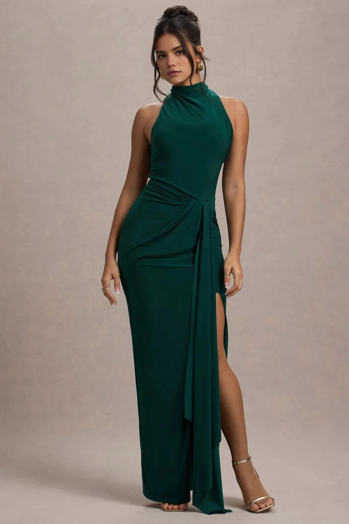 Riveting Mermaid Halter Neck Sleeveless Open Back Draped High Slit Floor Length Evening Dress