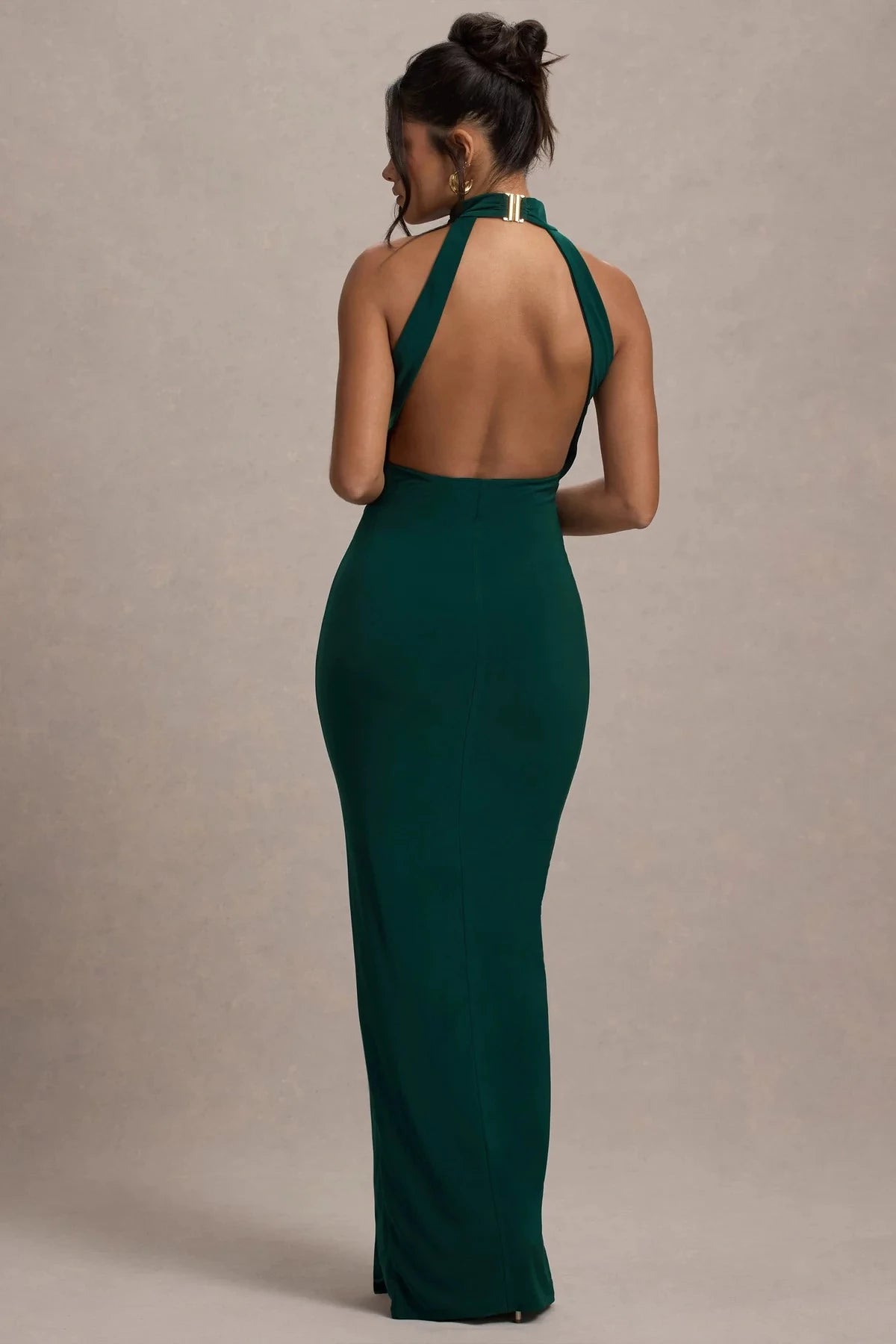 Riveting Mermaid Halter Neck Sleeveless Open Back Draped High Slit Floor Length Evening Dress