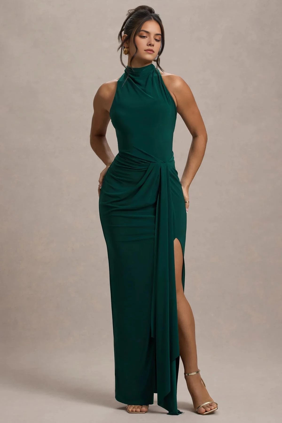 Riveting Mermaid Halter Neck Sleeveless Open Back Draped High Slit Floor Length Evening Dress