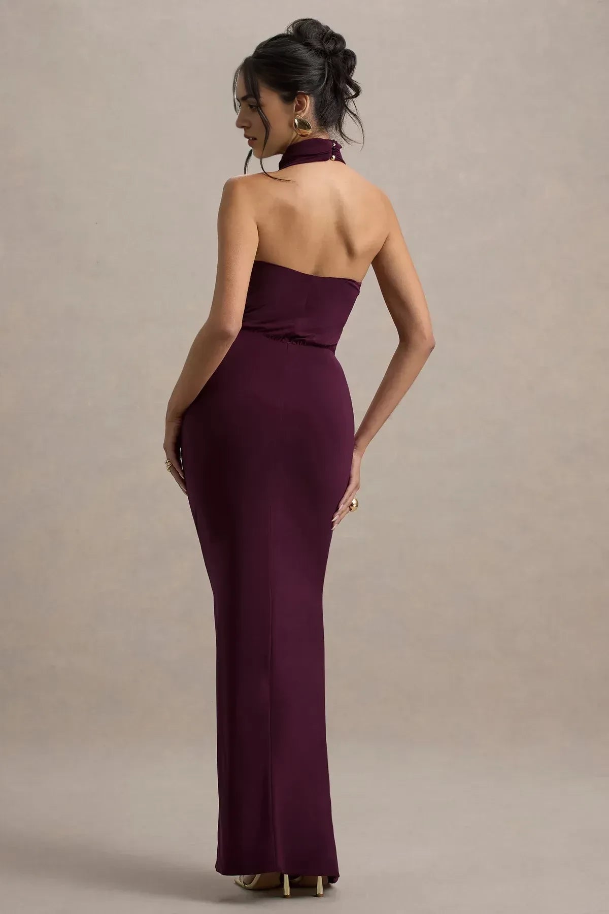 Riveting Mermaid High Neck Sleeveless Ruched Side High Slit Floor Length Evening Dress