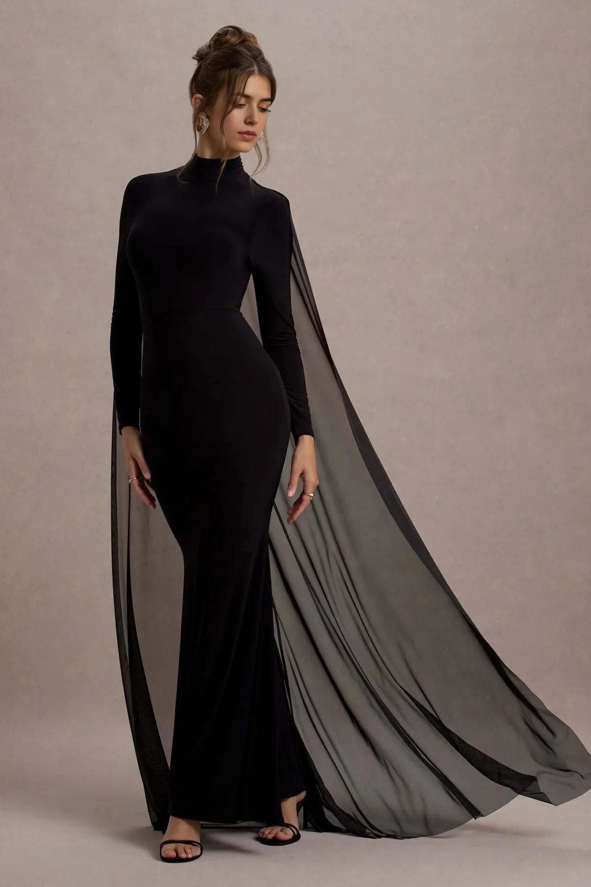Riveting Mermaid Mock Neck Long Sleeve Sheer Cape Back Floor Length Evening Dress