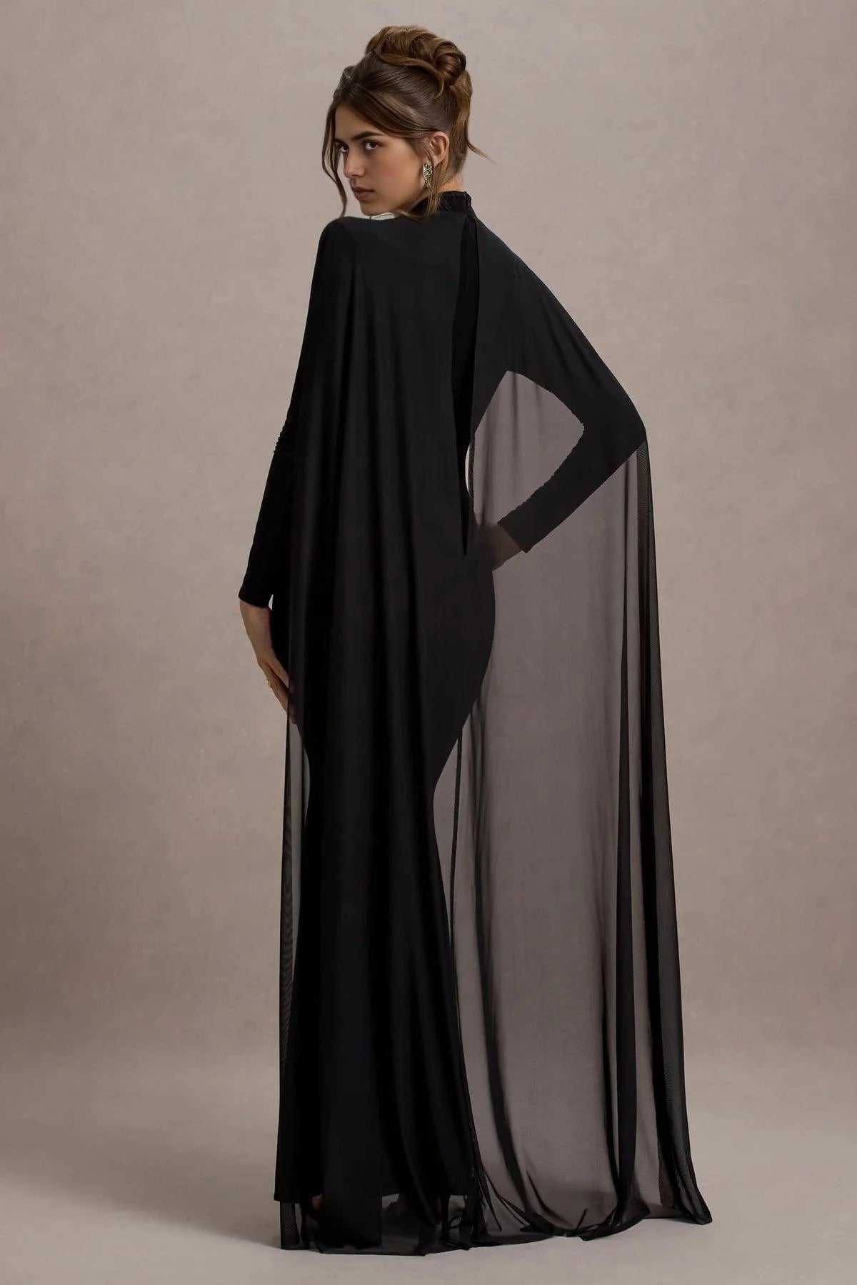 Riveting Mermaid Mock Neck Long Sleeve Sheer Cape Back Floor Length Evening Dress