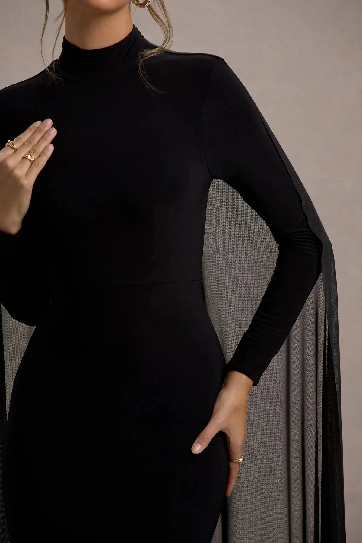 Riveting Mermaid Mock Neck Long Sleeve Sheer Cape Back Floor Length Evening Dress