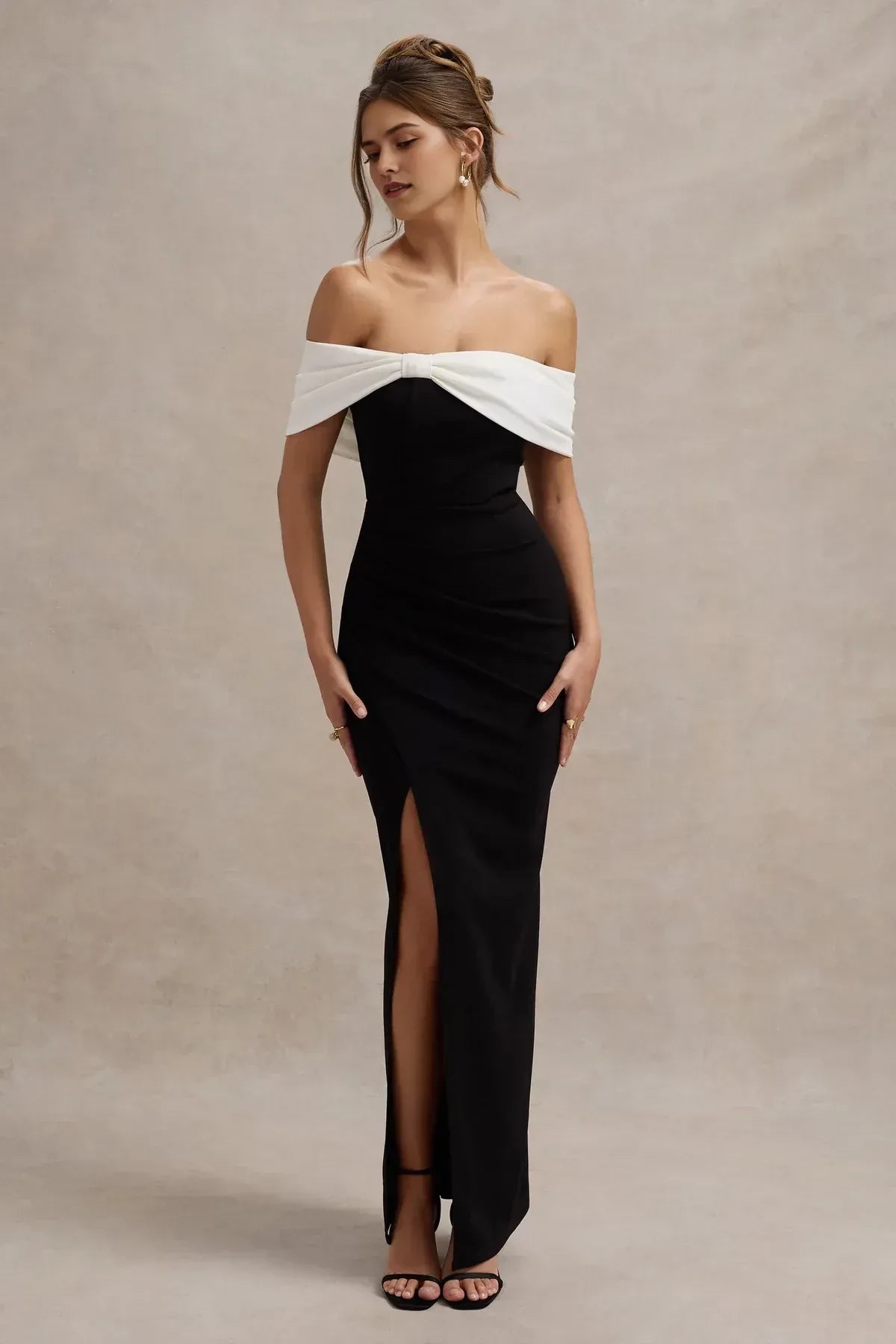 Riveting Mermaid Off Shoulder Bow Detail High Slit Floor Length Evening Dress
