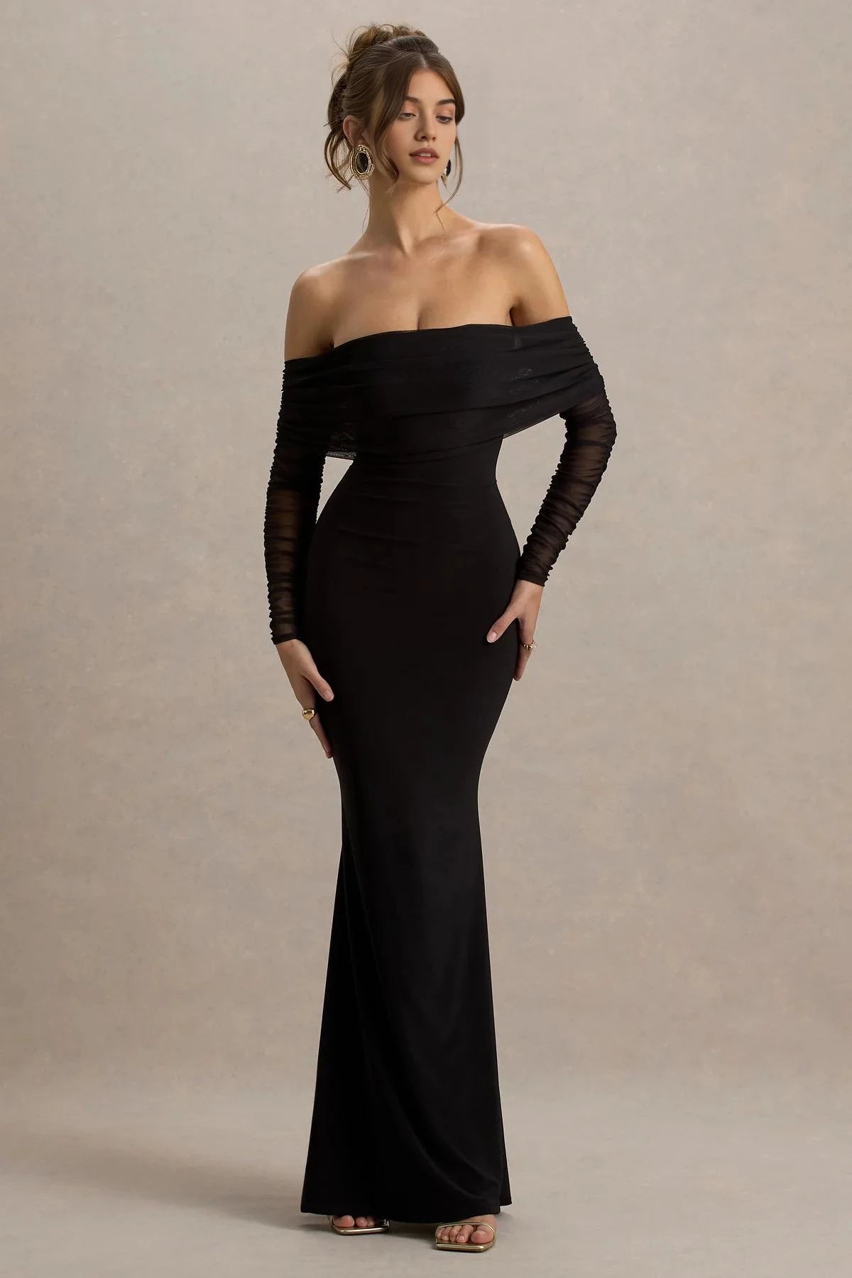 Riveting Mermaid Off Shoulder Sheer Long Sleeve Open Back Floor Length Evening Dress