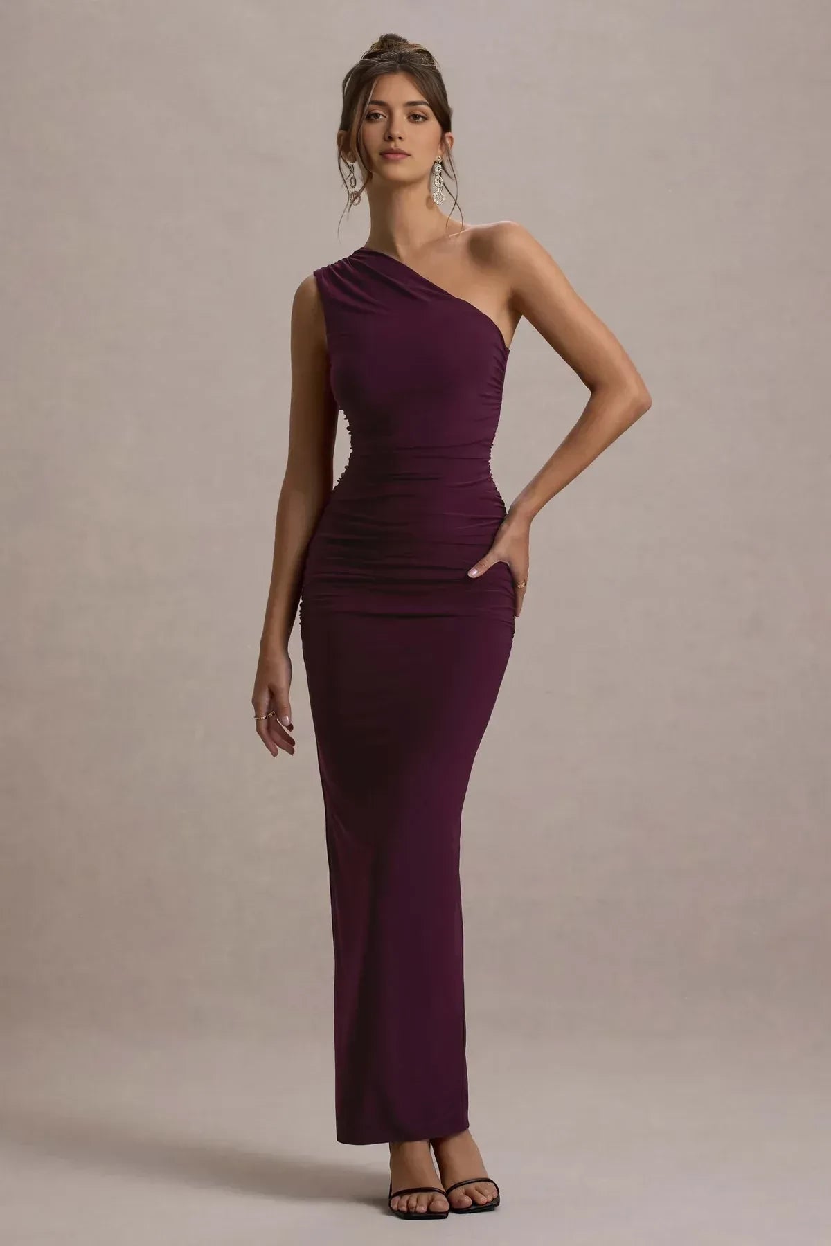 Riveting Mermaid One Shoulder Sleeveless Ruched Back High Slit Floor Length Evening Dress
