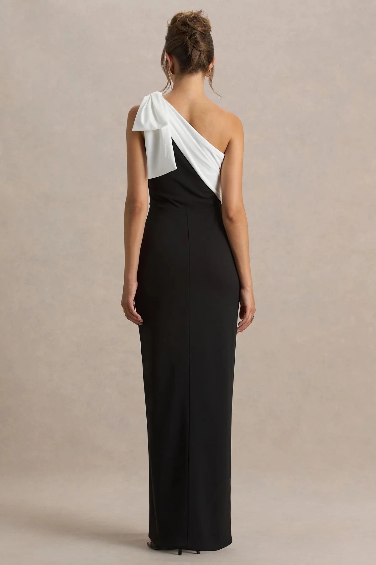 Riveting Mermaid One Shoulder Sleeveless Two Tone Bow Accent High Slit Floor Length Evening Dress