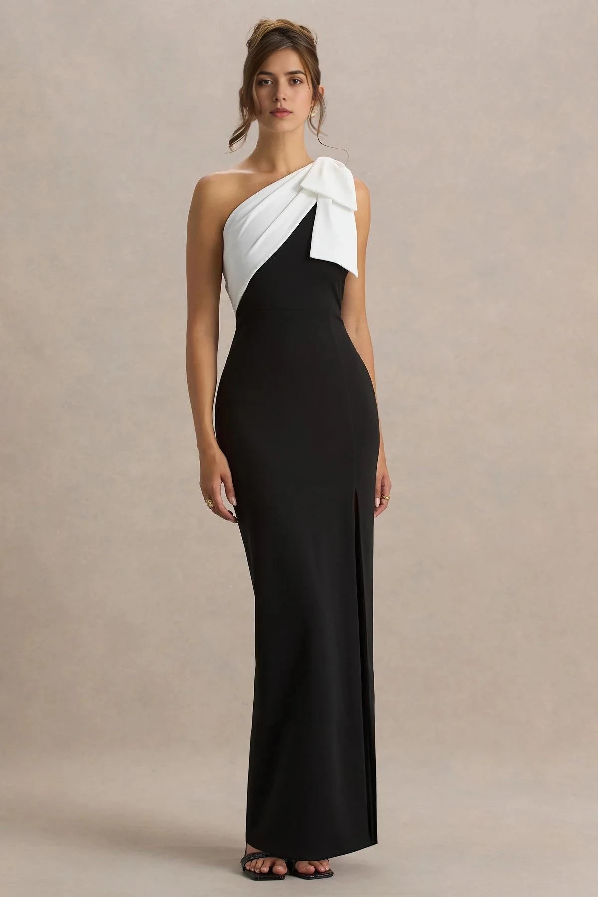 Riveting Mermaid One Shoulder Sleeveless Two Tone Bow Accent High Slit Floor Length Evening Dress