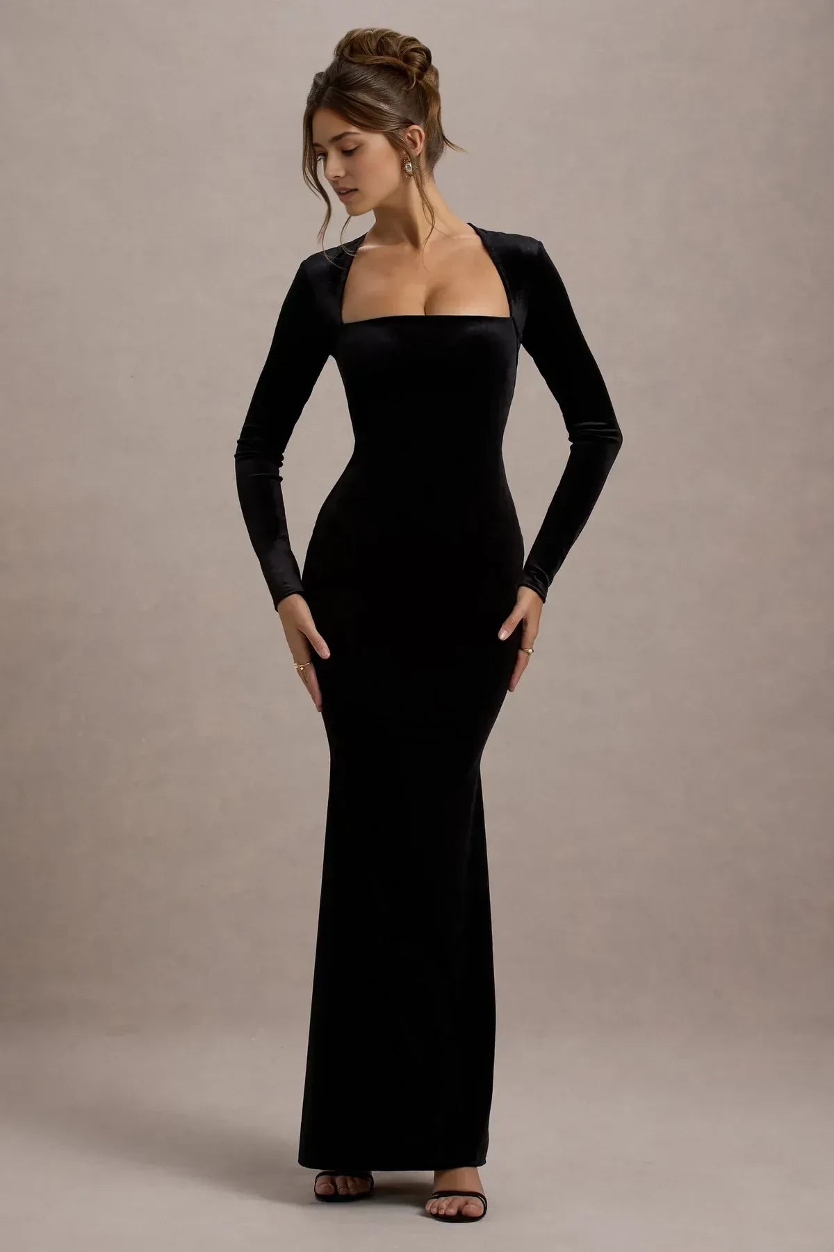 Riveting Mermaid Square Neck Long Sleeve Back Zipper Floor Length Evening Dress